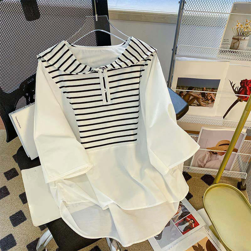 Navy Collar Striped White Top Shirt Modakawa