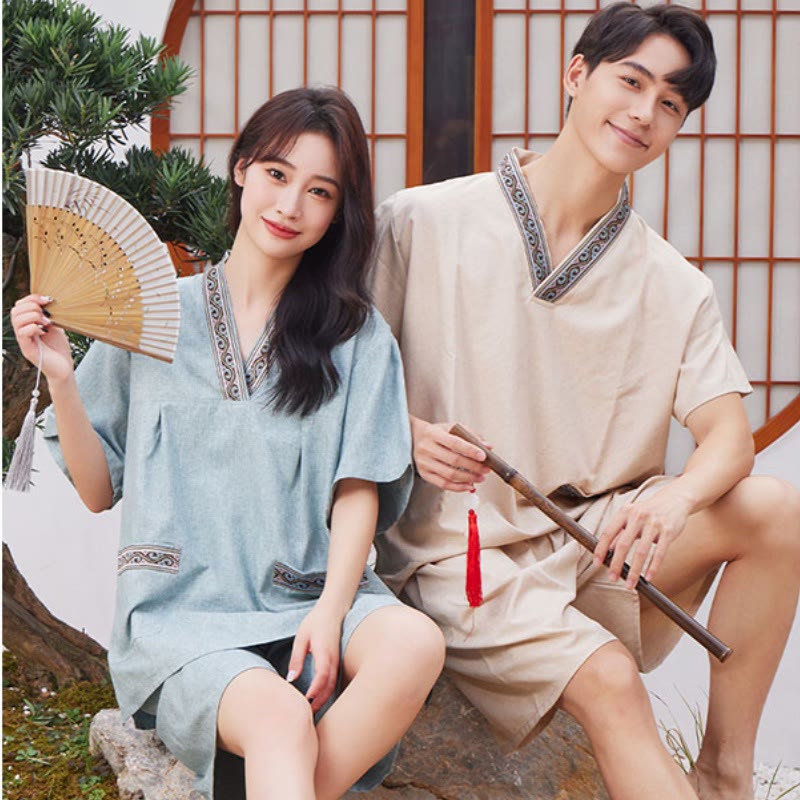 Couple Cotton V-Neck T-Shirt Shorts Pajamas Set Modakawa