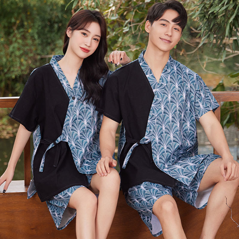 Couple Cotton Vintage Print T-Shirt Shorts Pajamas Set Modakawa