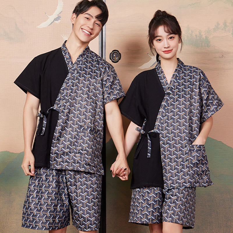 Couple Cotton Vintage Print T-Shirt Shorts Pajamas Set Modakawa