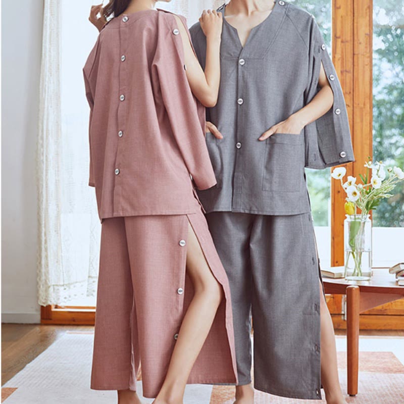 Chic Cotton Solid Color Button Cardigan Pajamas Set Modakawa