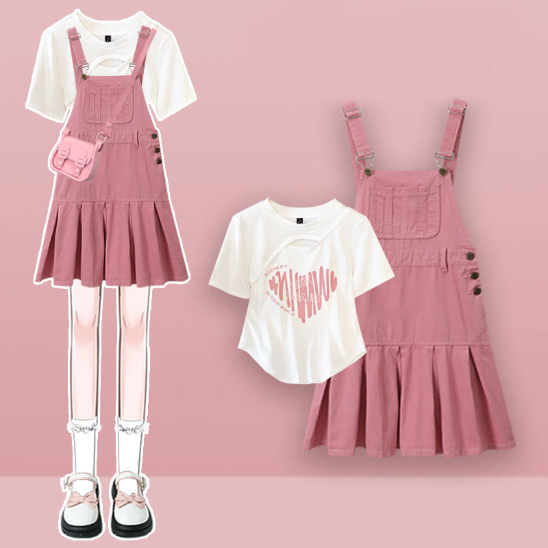 Sweet Irregular Shirt Pink Suspender Skirt modakawa