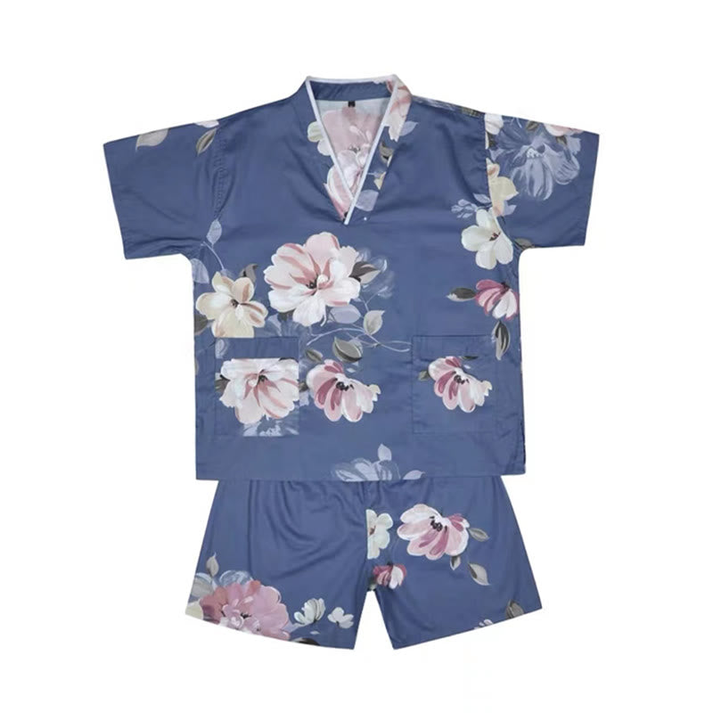 Cute Flowers Print V-Neck T-Shirt Shorts Pajamas Set Modakawa