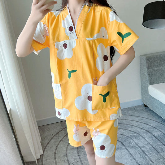 Cute Flowers Print V-Neck T-Shirt Shorts Pajamas Set Modakawa