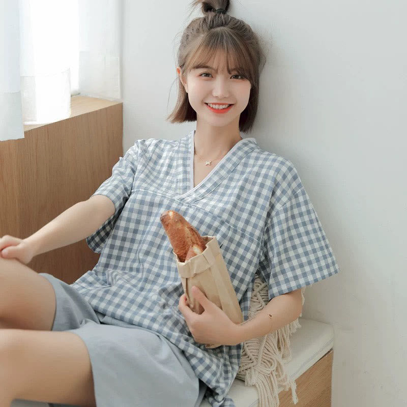 Chic Lattice Print T-Shirt Shorts Pajamas Set Modakawa