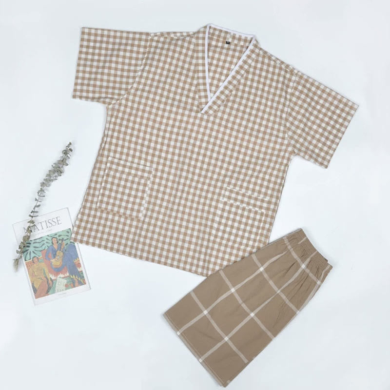 Chic Lattice Print T-Shirt Shorts Pajamas Set Modakawa