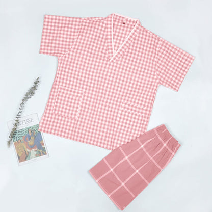 Chic Lattice Print T-Shirt Shorts Pajamas Set Modakawa