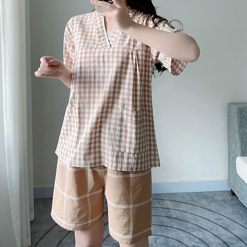 Chic Lattice Print T-Shirt Shorts Pajamas Set Modakawa