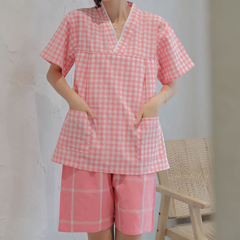 Chic Lattice Print T-Shirt Shorts Pajamas Set Modakawa