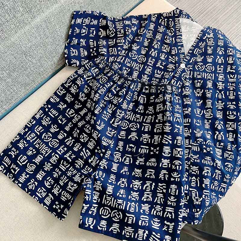 Cotton Blue Letter Print Shorts Pajamas Set Modakawa