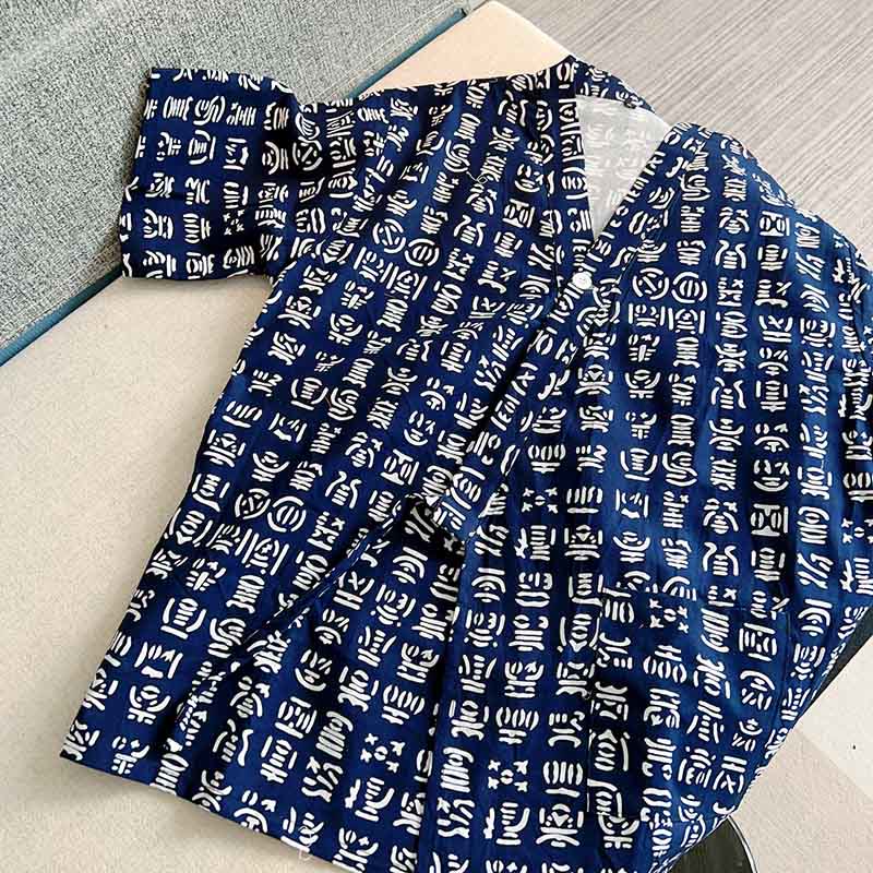 Cotton Blue Letter Print Shorts Pajamas Set Modakawa