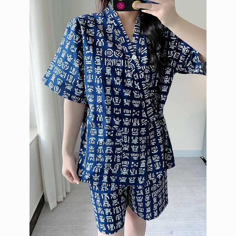 Cotton Blue Letter Print Shorts Pajamas Set Modakawa