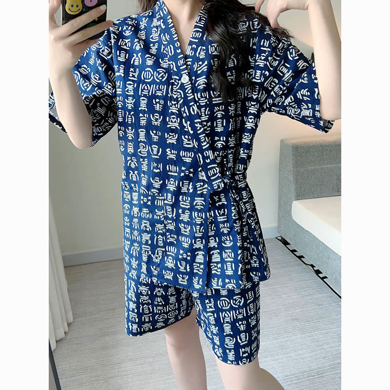 Cotton Blue Letter Print Shorts Pajamas Set Modakawa