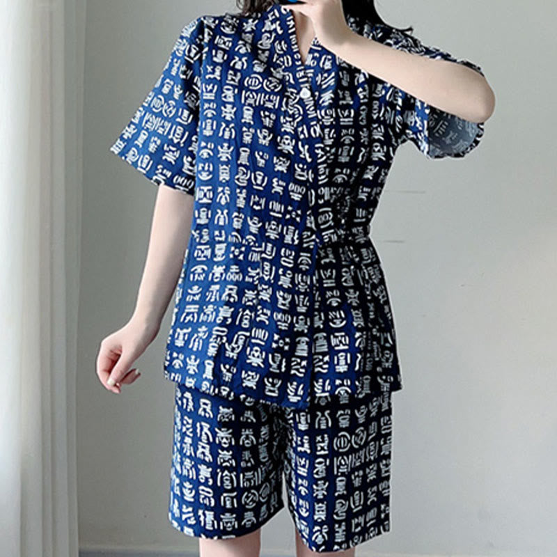 Cotton Blue Letter Print Shorts Pajamas Set Modakawa