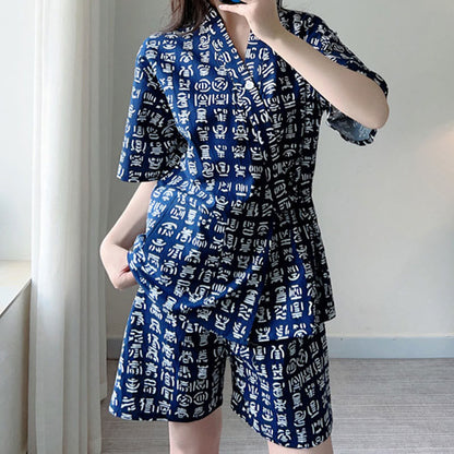 Cotton Blue Letter Print Shorts Pajamas Set Modakawa