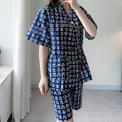 Cotton Blue Letter Print Shorts Pajamas Set Modakawa