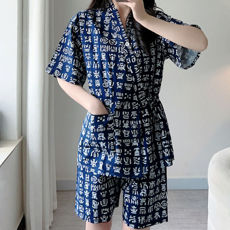 Cotton Blue Letter Print Shorts Pajamas Set Modakawa