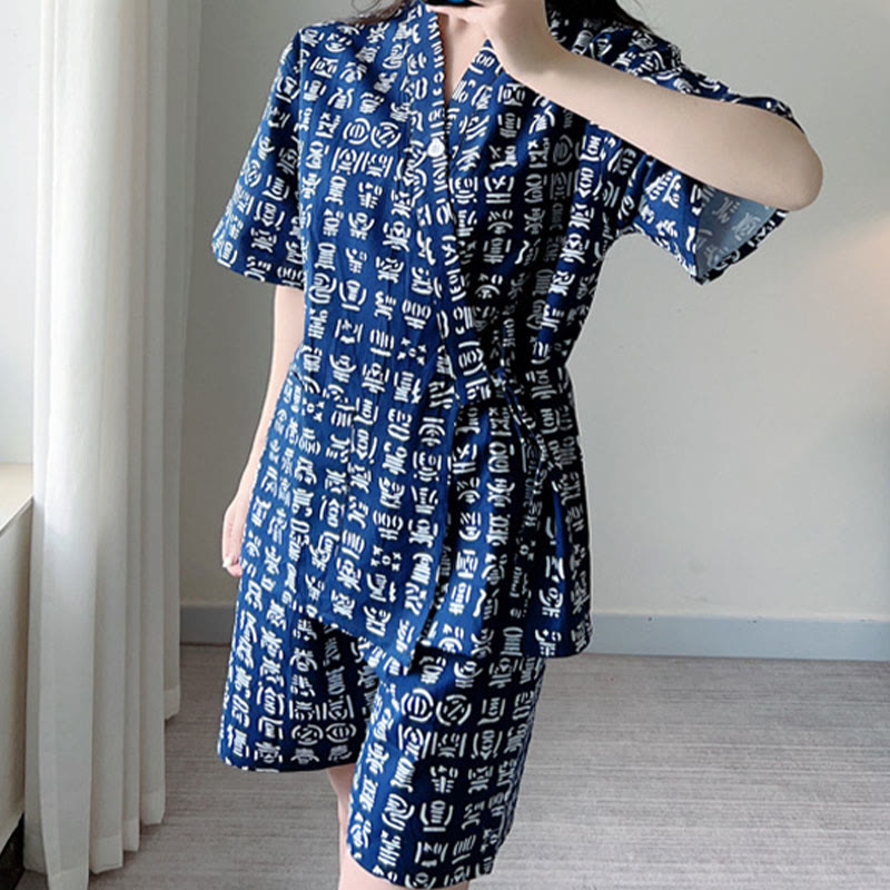 Cotton Blue Letter Print Shorts Pajamas Set Modakawa