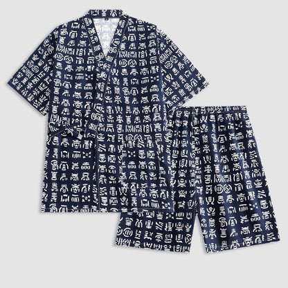 Cotton Blue Letter Print Shorts Pajamas Set Modakawa