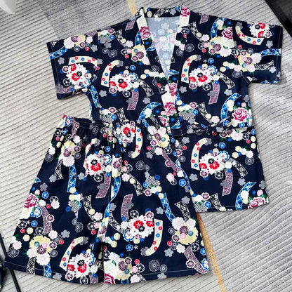 Colorful Floral Print T-Shirt Shorts Pajamas Set Modakawa