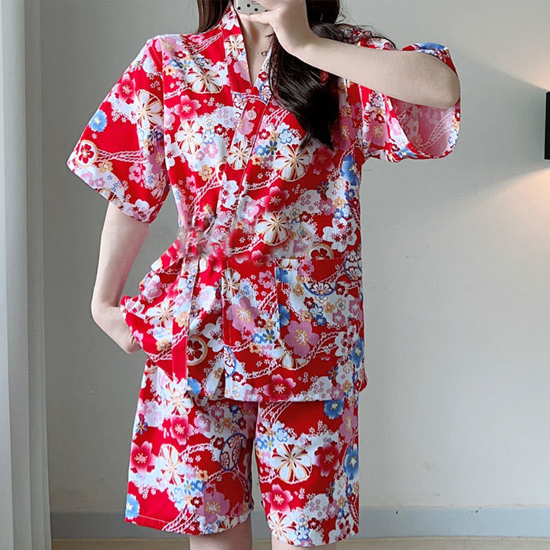 Colorful Floral Print T-Shirt Shorts Pajamas Set Modakawa