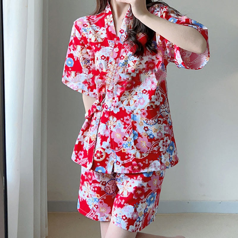 Colorful Floral Print T-Shirt Shorts Pajamas Set Modakawa