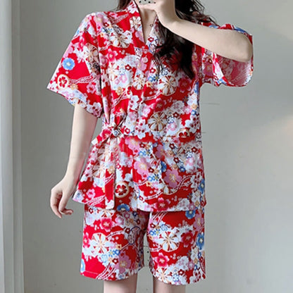 Colorful Floral Print T-Shirt Shorts Pajamas Set Modakawa