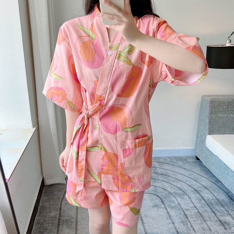 Pink Peach Print Kimono Pajamas Set Modakawa