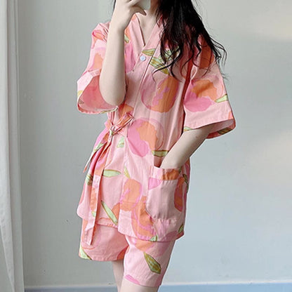 Pink Peach Print Kimono Pajamas Set Modakawa