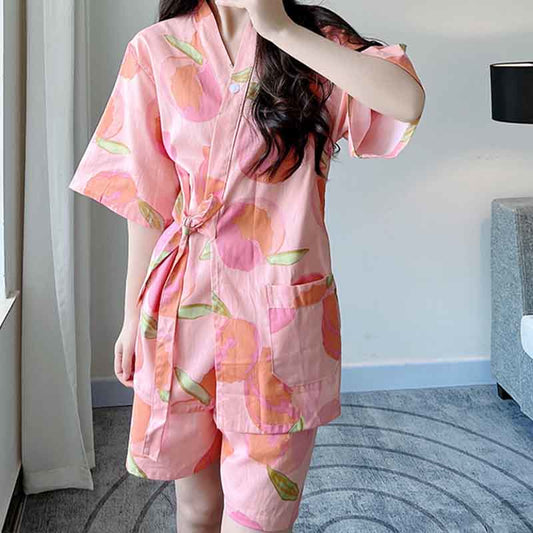 Pink Peach Print Kimono Pajamas Set Modakawa