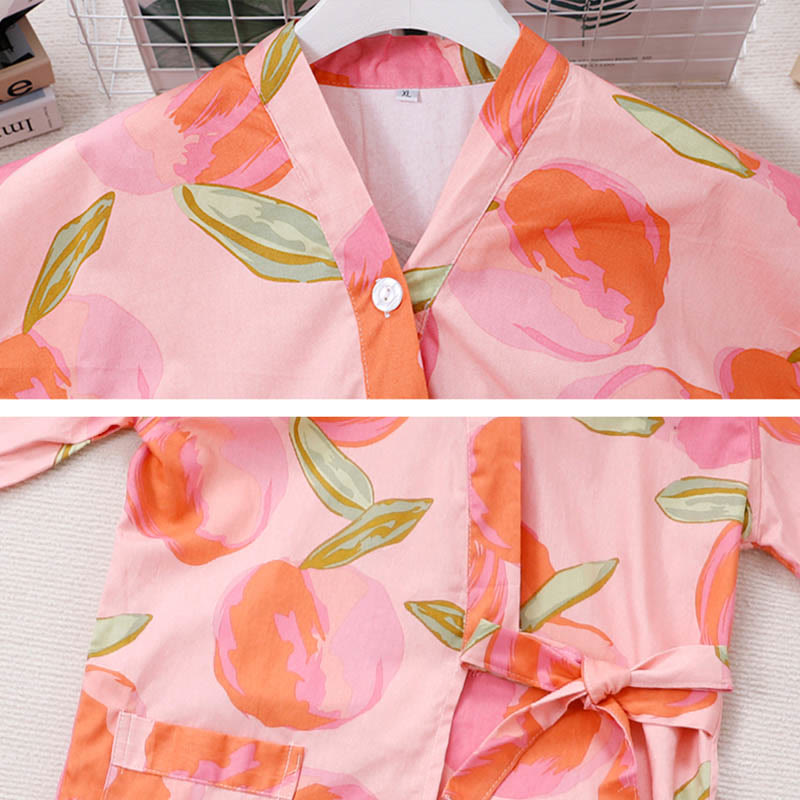 Pink Peach Print Kimono Pajamas Set Modakawa