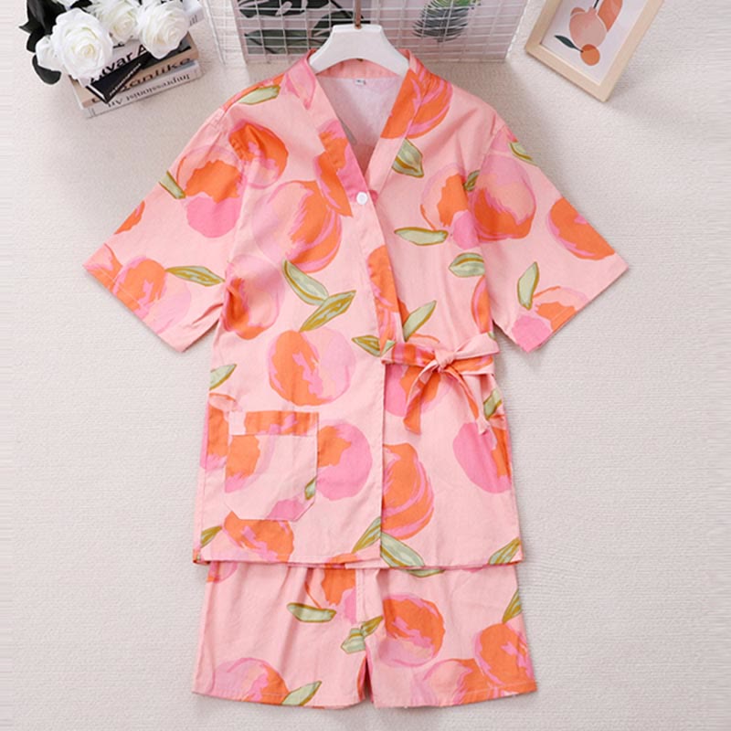 Pink Peach Print Kimono Pajamas Set Modakawa