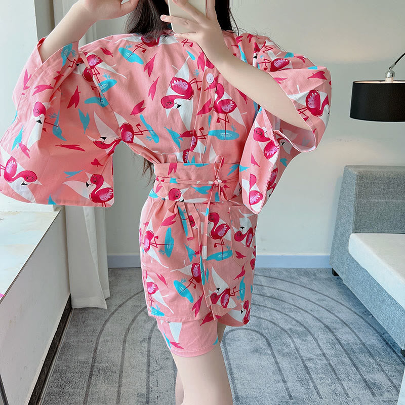 Cotton Flamingo Print Kimono Pajamas Set Modakawa