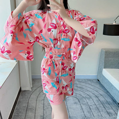 Cotton Flamingo Print Kimono Pajamas Set Modakawa