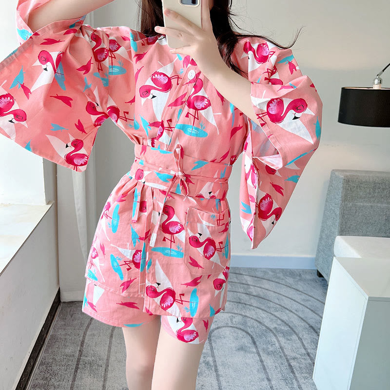 Cotton Flamingo Print Kimono Pajamas Set Modakawa