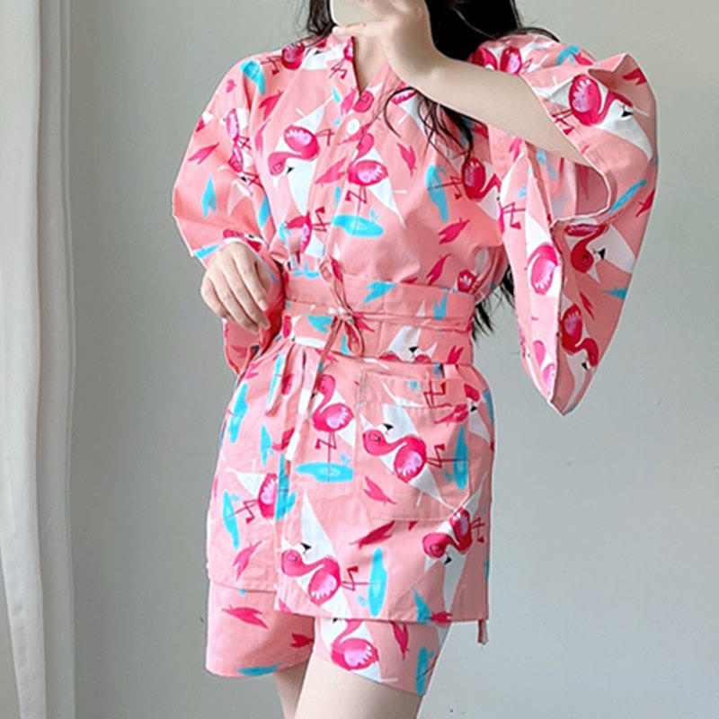 Cotton Flamingo Print Kimono Pajamas Set Modakawa