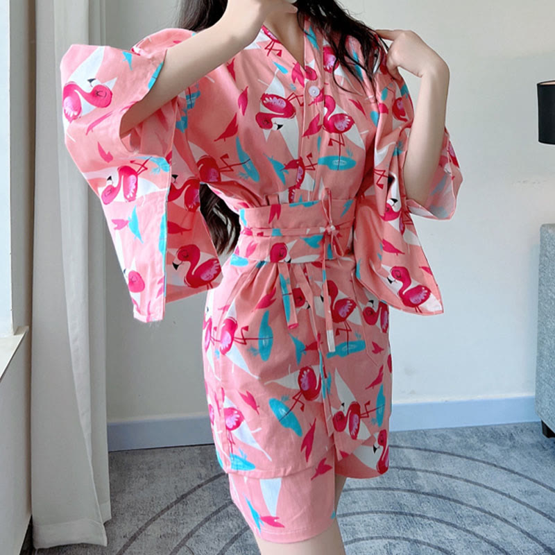 Cotton Flamingo Print Kimono Pajamas Set Modakawa