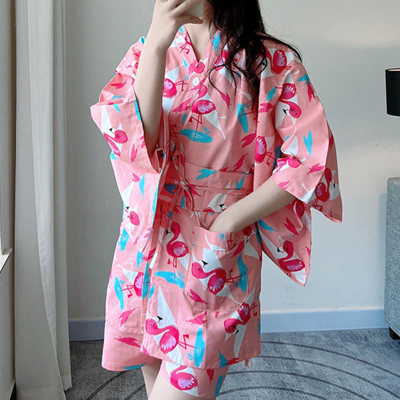 Cotton Flamingo Print Kimono Pajamas Set Modakawa