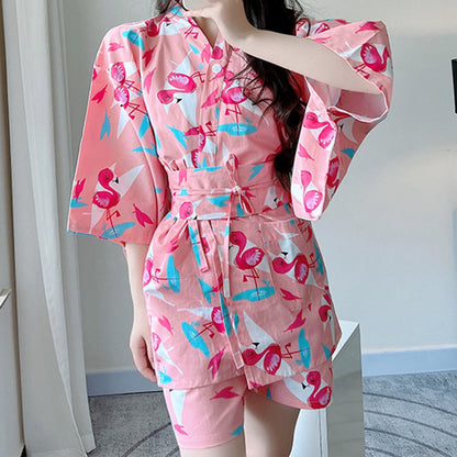 Cotton Flamingo Print Kimono Pajamas Set Modakawa