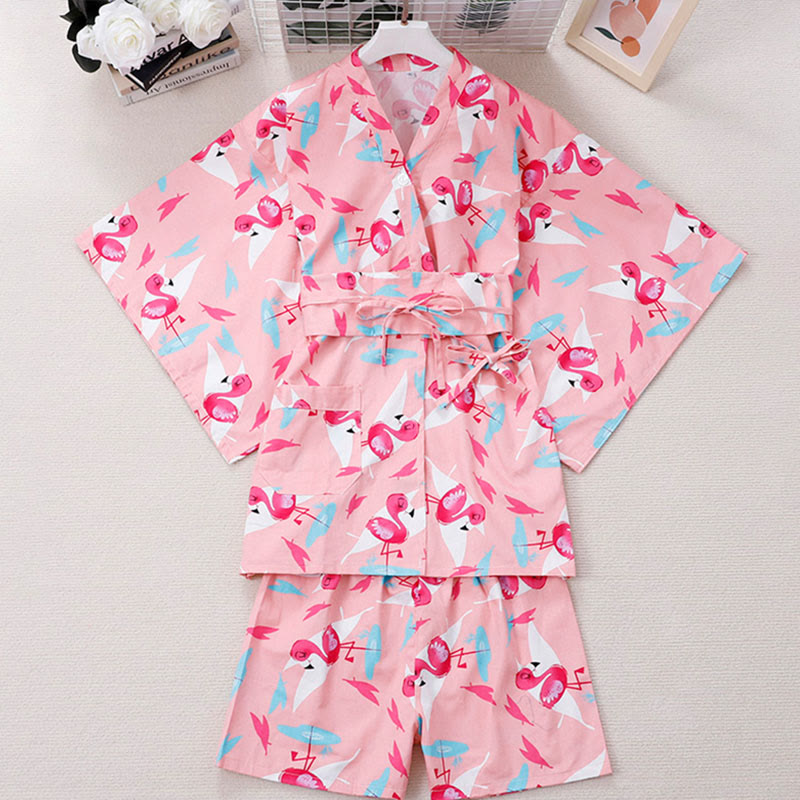 Cotton Flamingo Print Kimono Pajamas Set Modakawa