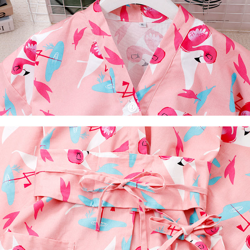 Cotton Flamingo Print Kimono Pajamas Set Modakawa