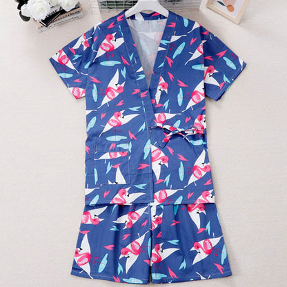 Cotton Flamingo Print Kimono Pajamas Set Modakawa