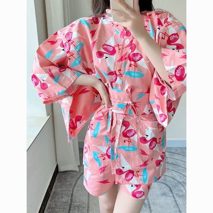 Cotton Flamingo Print Kimono Pajamas Set Modakawa