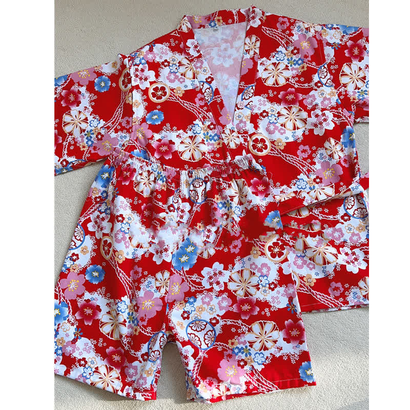 Colorful Floral Print T-Shirt Shorts Pajamas Set Modakawa