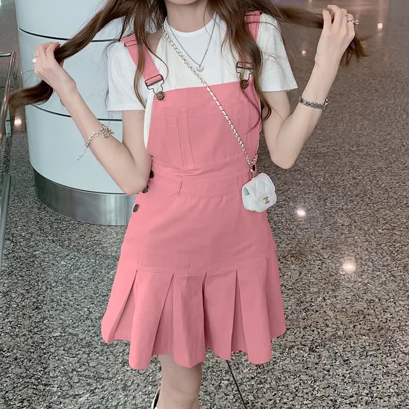 Sweet Irregular Shirt Pink Suspender Skirt modakawa