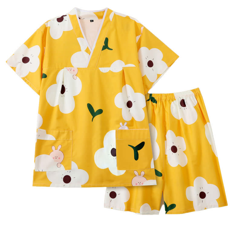 Cute Flowers Print V-Neck T-Shirt Shorts Pajamas Set Modakawa