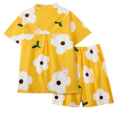 Cute Flowers Print V-Neck T-Shirt Shorts Pajamas Set Modakawa