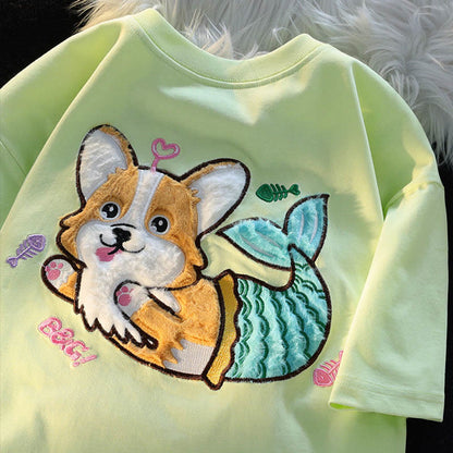 Cartoon Mermaid Puppy Plush Short Sleeve Casual T-shirt modakawa