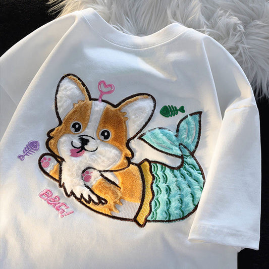 Cartoon Mermaid Puppy Plush Short Sleeve Casual T-shirt modakawa