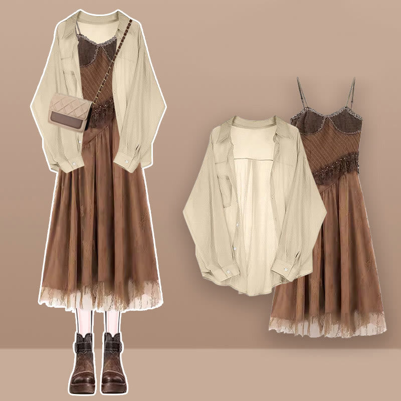 Vintage Hollow Coverup Backless Suspender Dress Brown Cardigan modakawa